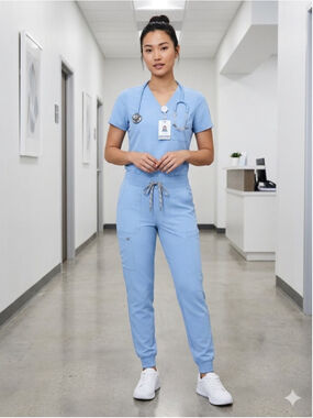Fabletics Scrub Pants Womens Small Tall S/T Light Blue Jogger Cargo Medical Stre